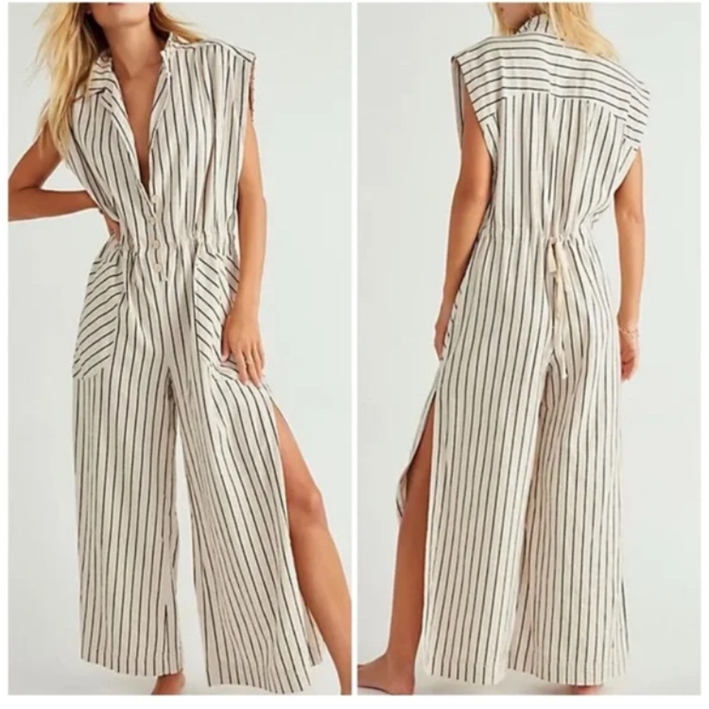Free People beach town striped one piece jumpsuit, cotton/linen size small